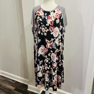 Pink Blush Lined Tshirt Dress Floral Black White Short Sleeve (A0126)